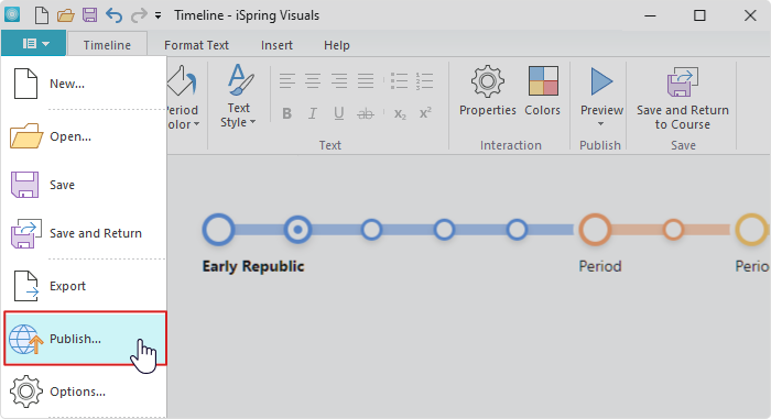 Publish button in iSpring Suite timeline software