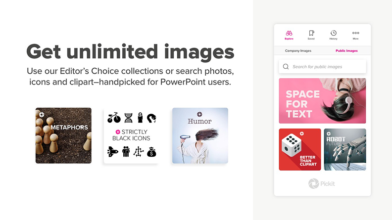 Pickit add-in The Pickit add-in open in PowerPoint, showing a sidebar with a searchable library of royalty‑free photos, icons, and illustrations ready to insert into slides