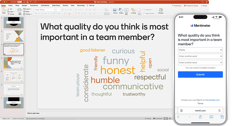 Mentimeter Live Mentimeter poll results displayed inside a PowerPoint slide, showing a dynamic, updating bar chart of audience votes