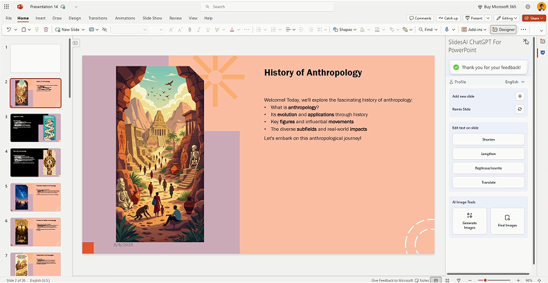 SlidesAI add-on interface The SlidesAI add-on interface showing AI-generated slide decks created from a text prompt