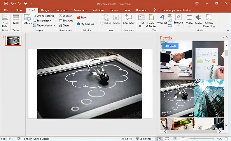 Pexels add-on interface The Pexels add-on interface in PowerPoint showing a searchable library of free, high-quality stock photos ready to insert directly into slides