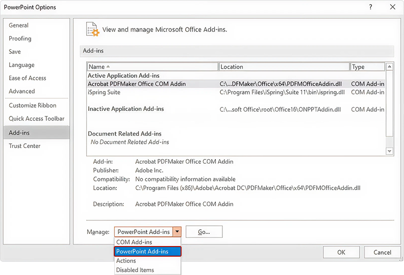 PowerPoint Add-ins in the drop-down list
