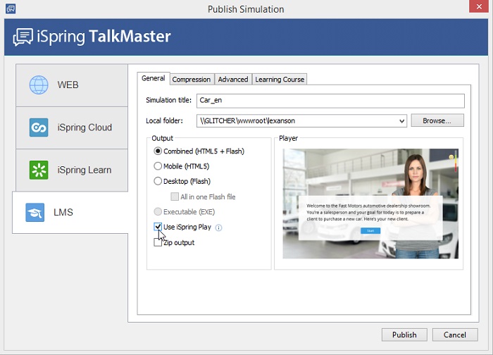 The Publish Simulation window in iSpring TalkMaster