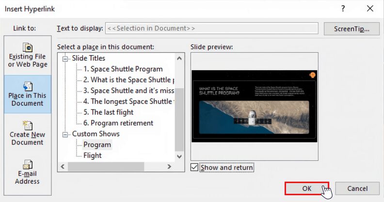 The Edit Hyperlink window in PowerPoint. Set Place in This Document > Custom Show play on this link.