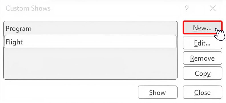 The Custom Shows window in PowerPoint. Three shows are currently added.