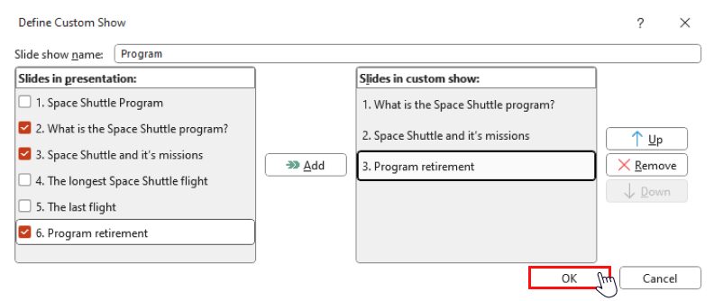 The Define Custom Show window in PowerPoint. Moving Slides in presentation to slides in custom show.