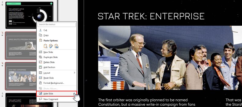 Right-click menu when selecting slides in a PowerPoint thumbnail's sidebar. Select Hide Slide.