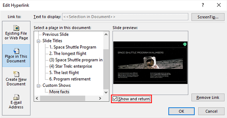 The Insert Hyperlink window. Check the Show and return option.