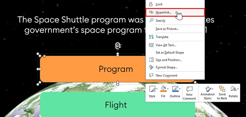 Right click on the text or shape and select Hyperlink