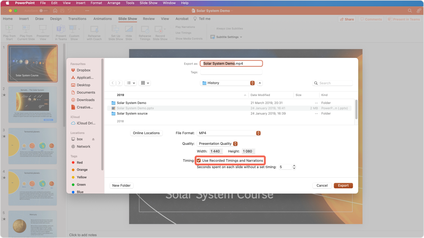 Using recorded timings and narrations on Mac