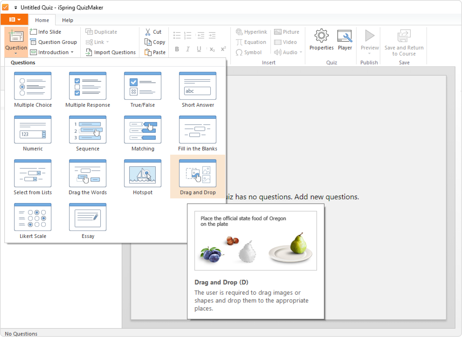 Choosing the Drag-and-Drop question type in iSpring QuizMaker