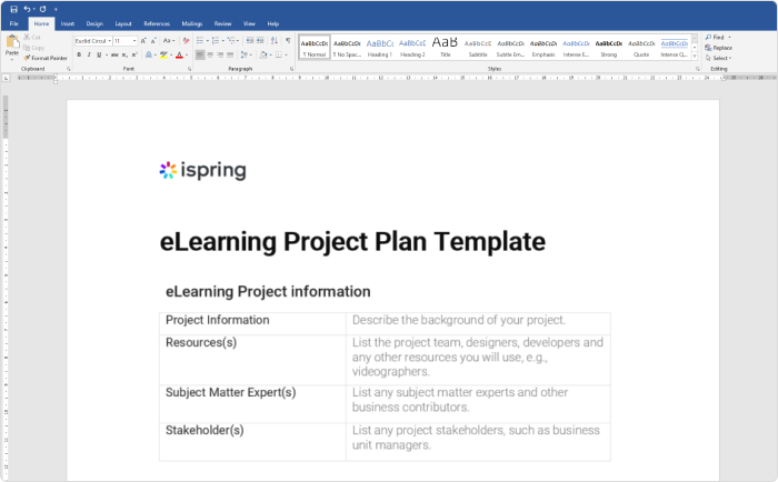 eLearning project plan template - download