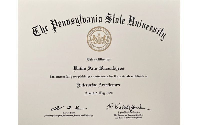 A sample graduate certificate from PennState World Campus