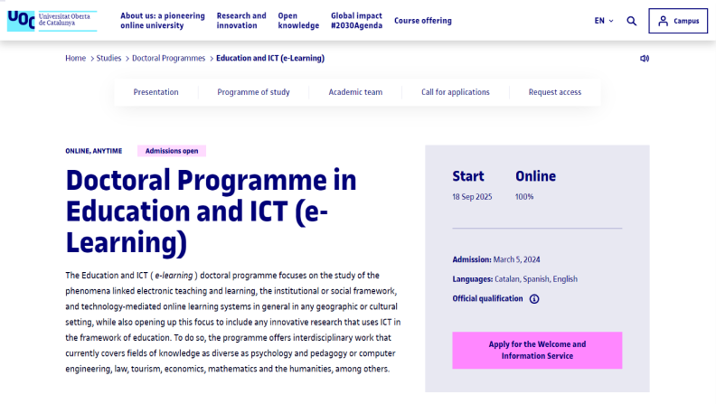 Doctoral Programme in Education and ICT (e-Learning) by the Universitat Oberta de Catalunya