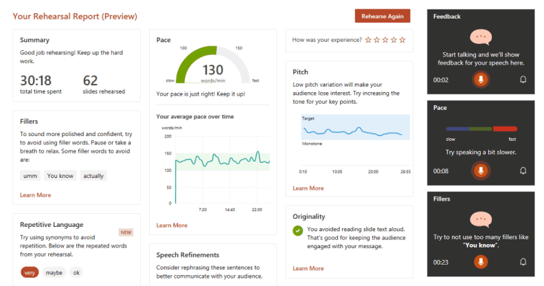 PowerPoint Speaker Coach dashboard