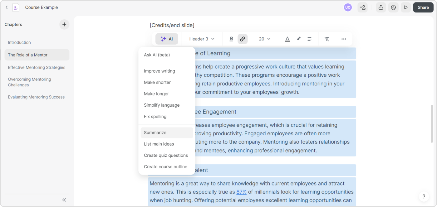 Use AI to create concise summaries of modules