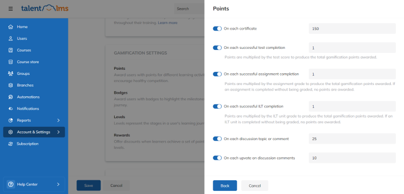 Gamification settings in the TalentLMS learning management system