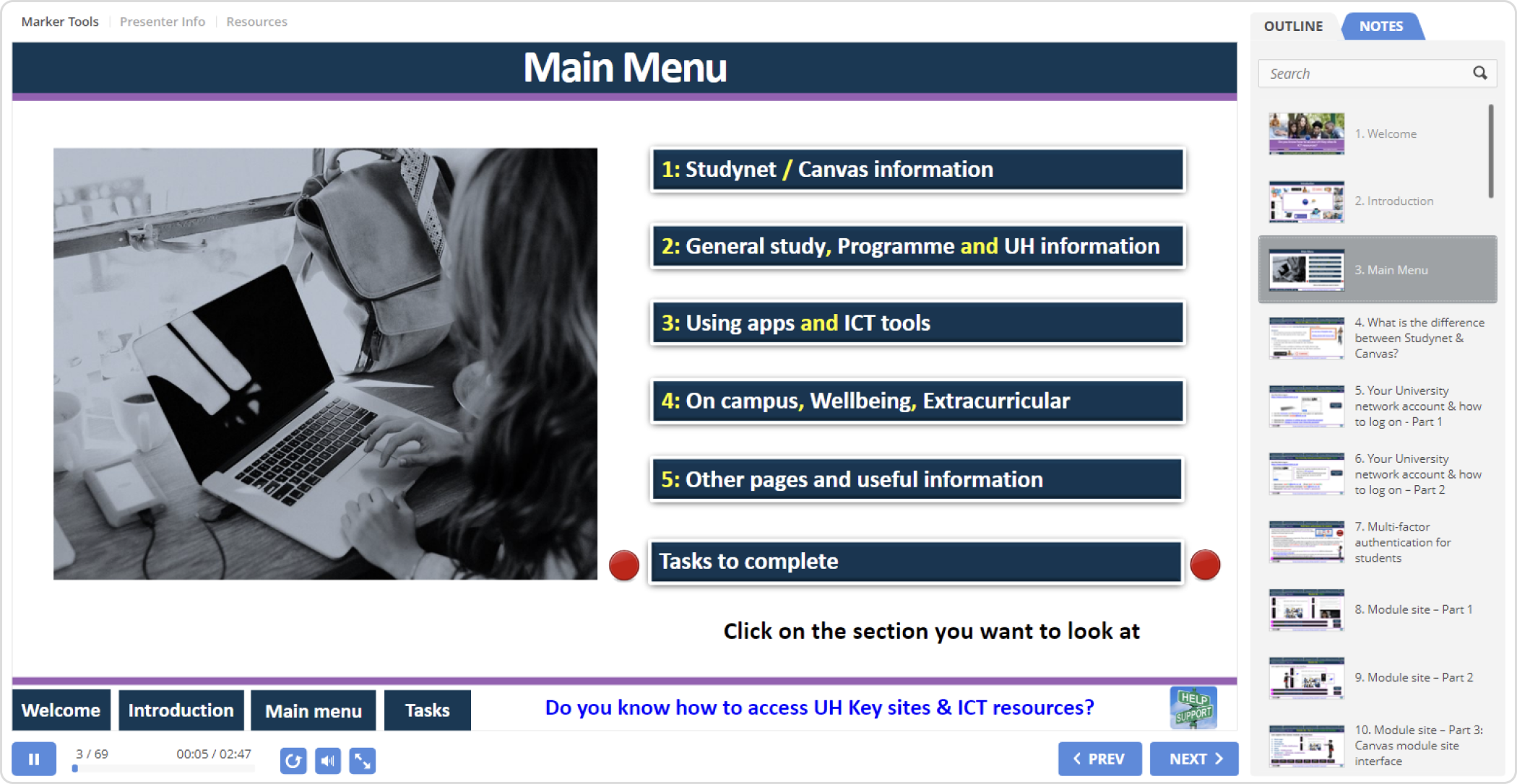 The main menu page of the ICT induction guide