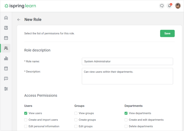 Here is an iSpring Learn feature that allows you to customize permissions.