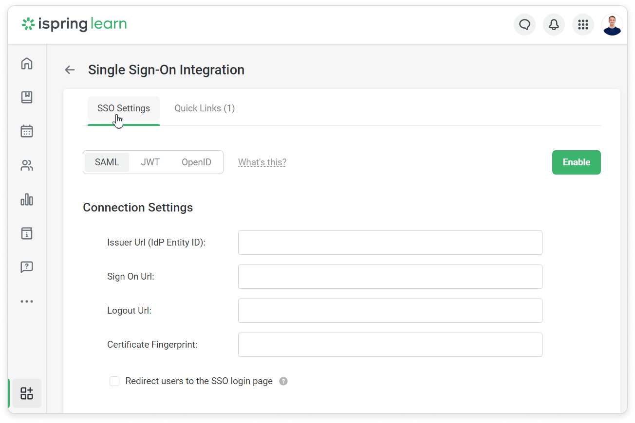 Single sign-on LMS feature settings in iSpring Learn.