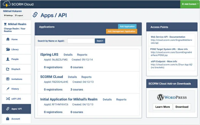 API settings in SCORM Cloud.