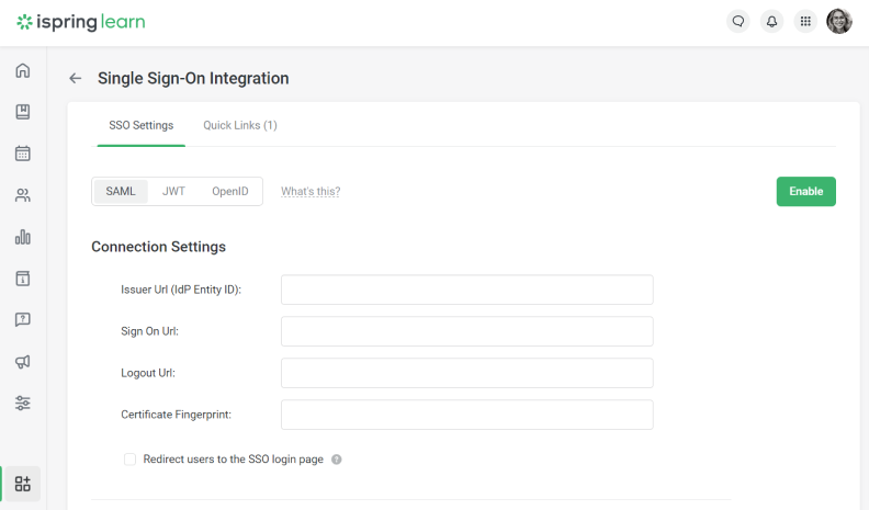 Single sign-on LMS feature settings in iSpring Learn