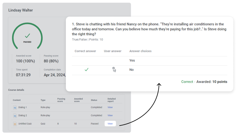 LMS reports on iSpring quizzes