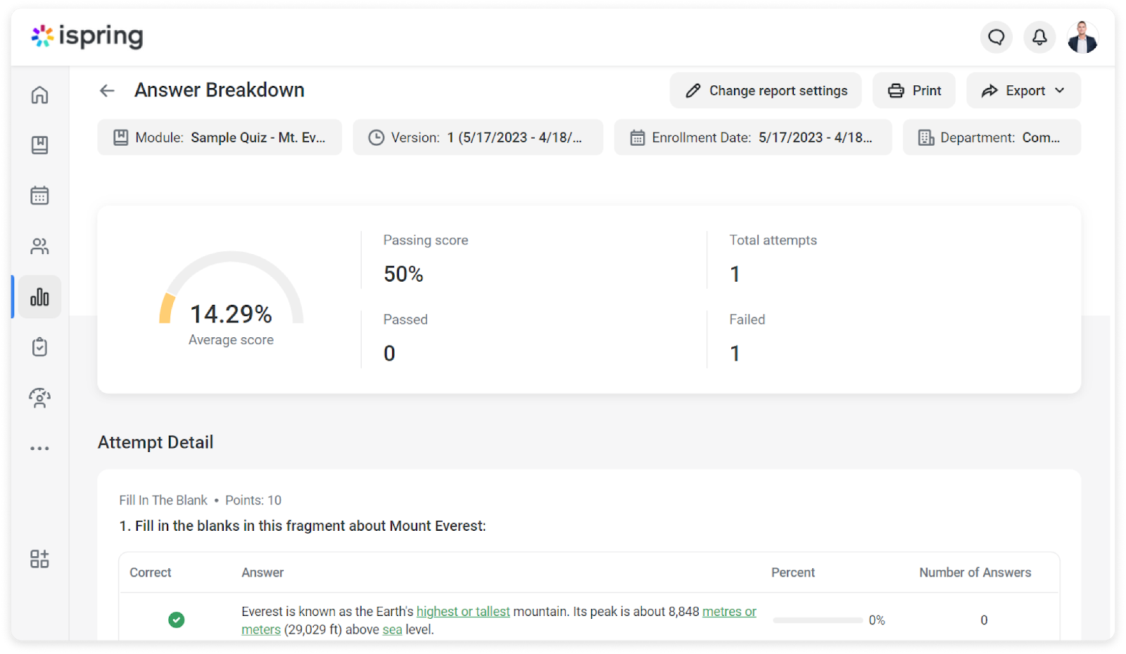 Answer breakdown in iSpring Learn