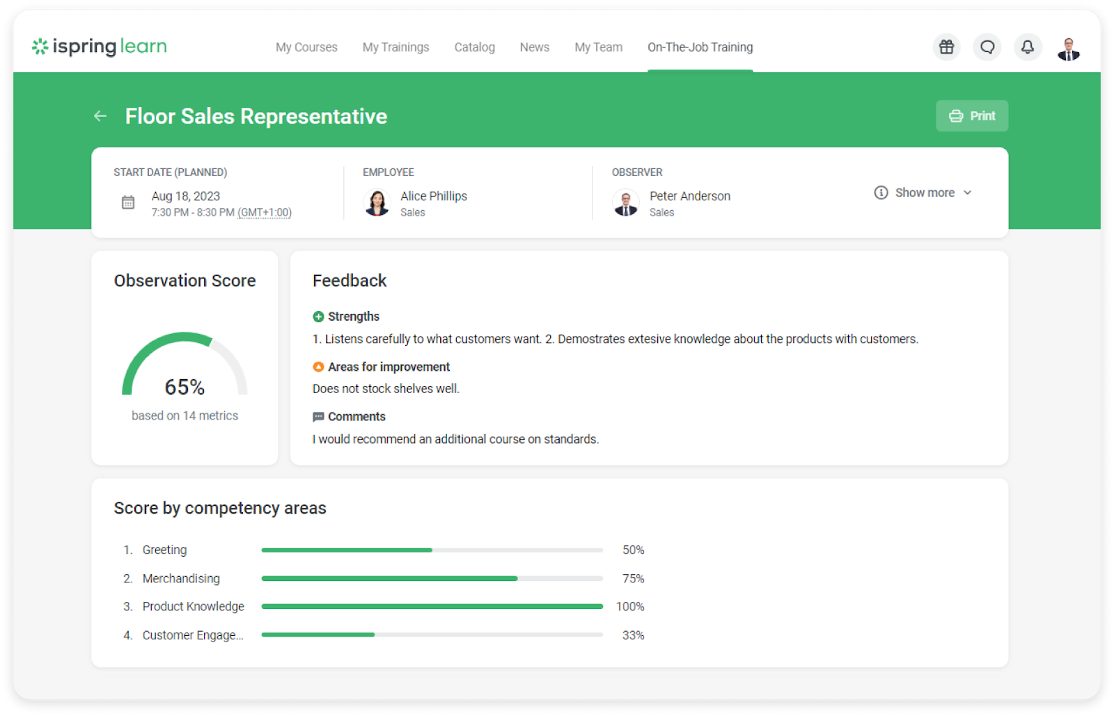 Results of the on-the-job performance evaluation in iSpring Learn