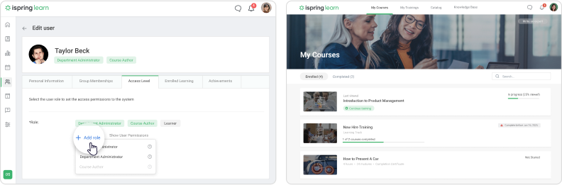 The interface of iSpring Learn for LMS administrators and users