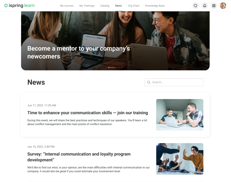 Newsfeed feature in iSpring Learn