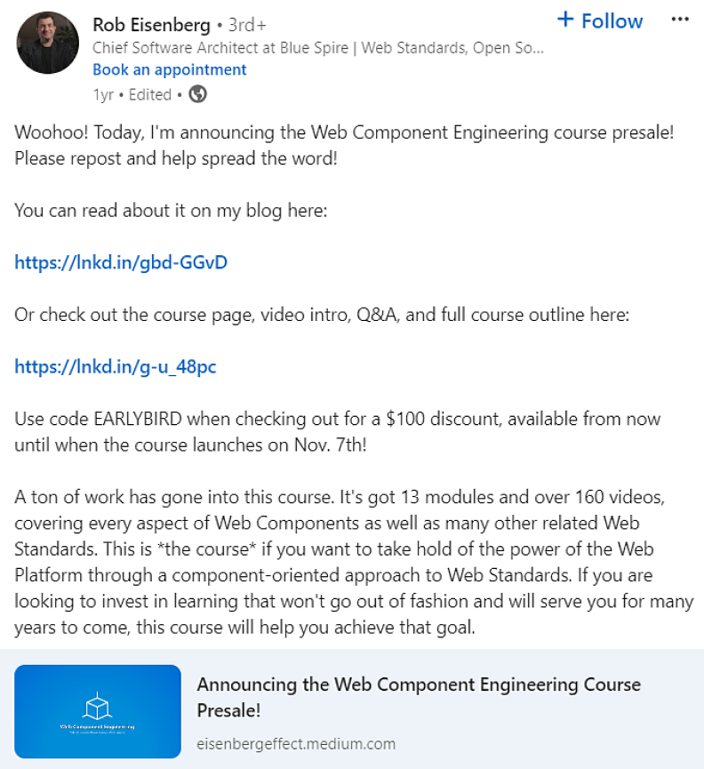 Rob Eisenberg's LinkedIn post announcing course presale