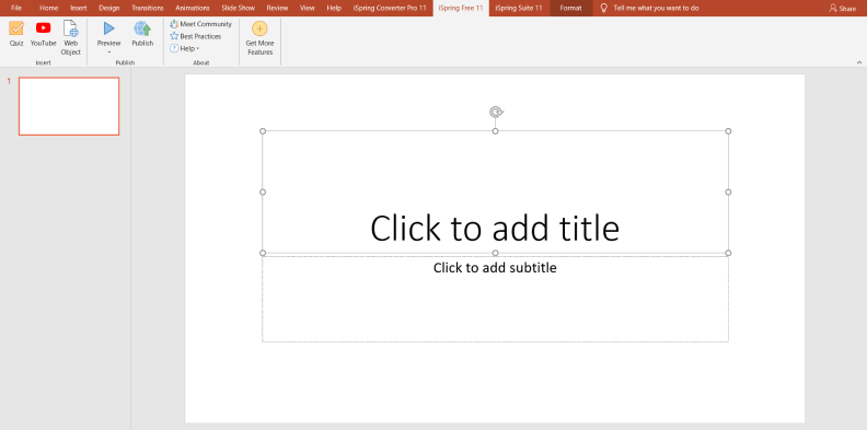 The iSpring Free tab in PowerPoint