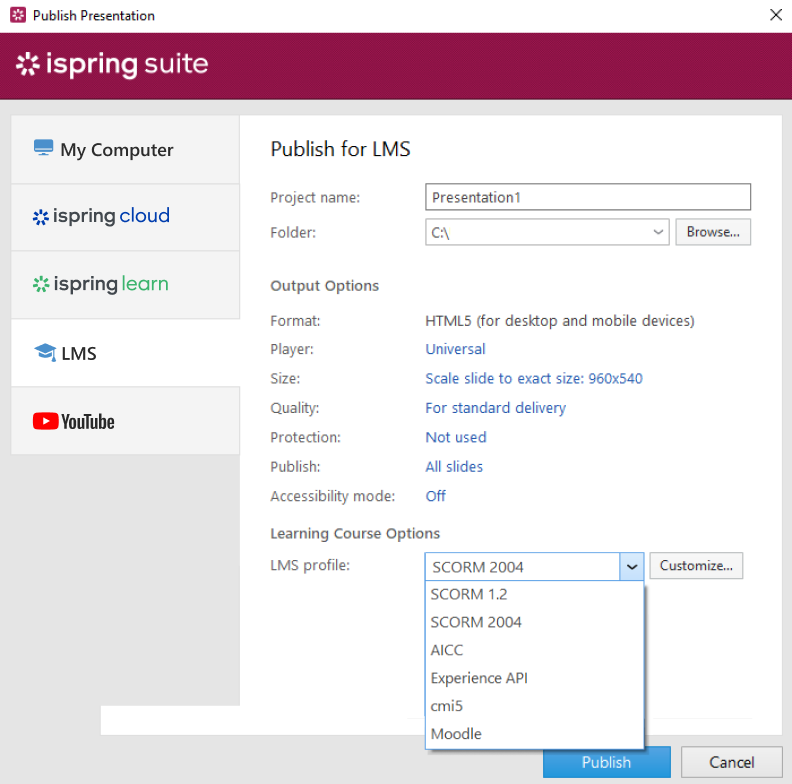 Publishing options in iSpring Suite