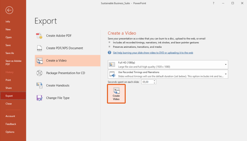 Create Video option in PowerPoint