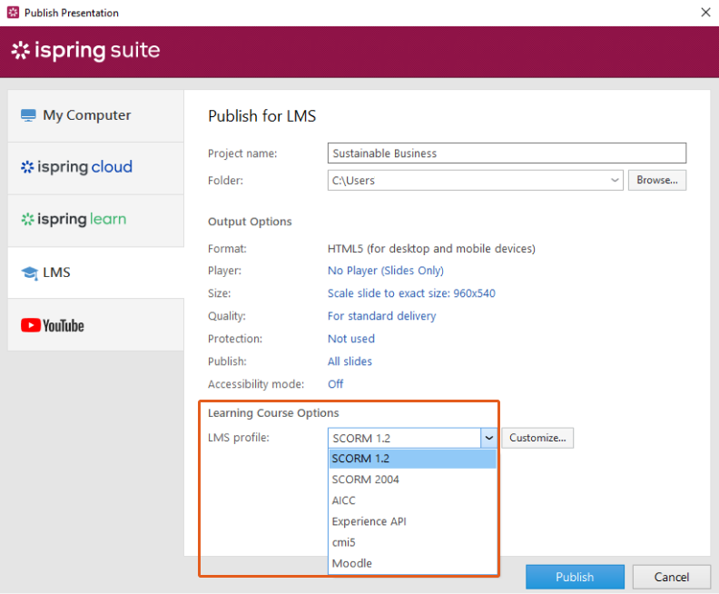 SCORM formats in iSpring Suite publishing options