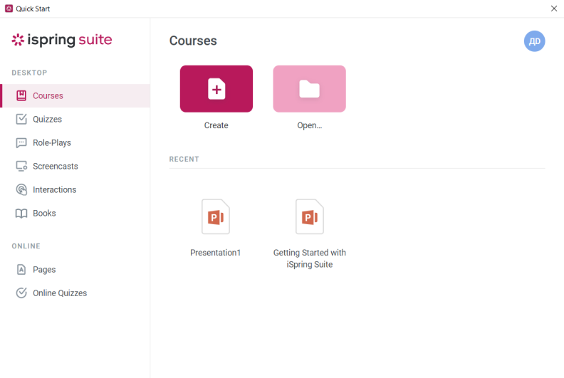 Creating a new course in iSpring Suite