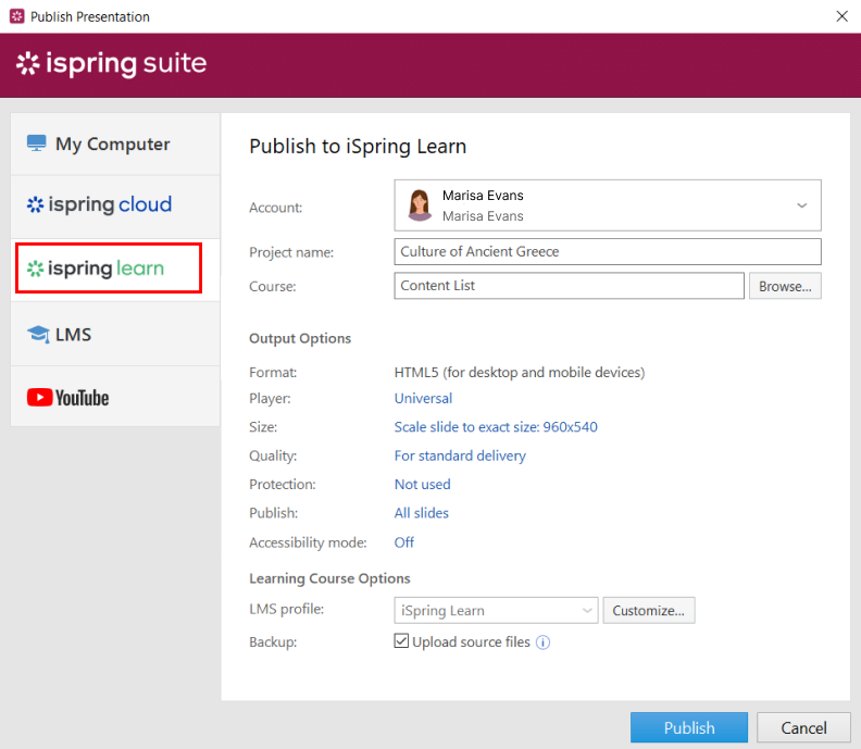 Publish eLearning materials directly from your PowerPoint to iSpring Learn