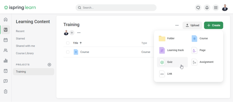 Adding a quiz in training in the iSpring Learn LMS