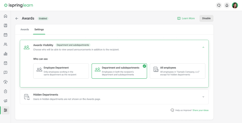 How to adjust awards visibility in iSpring Learn