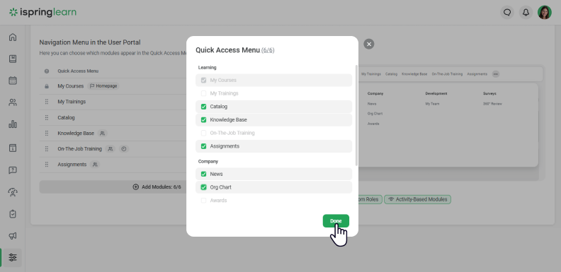 Add up to 6 modules to the Quick Access menu