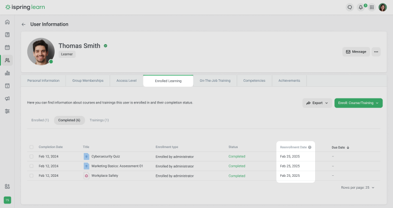 Where to find the Reenrollment Date in the User Information section