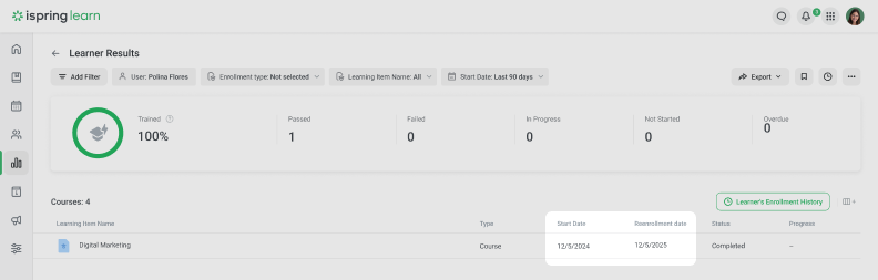 Start date and reenrollment date in iSpring Learn