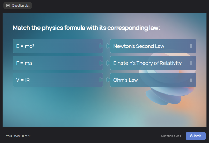 An example of a formula matching quiz