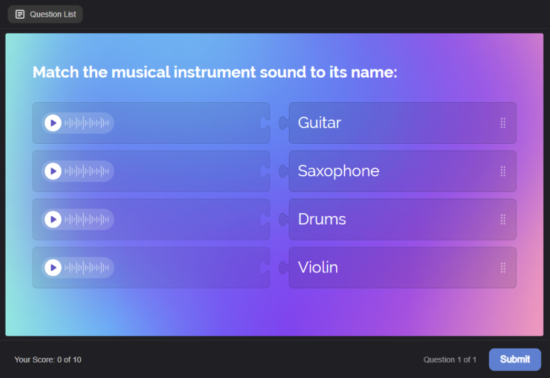 An example of an audio matching quiz