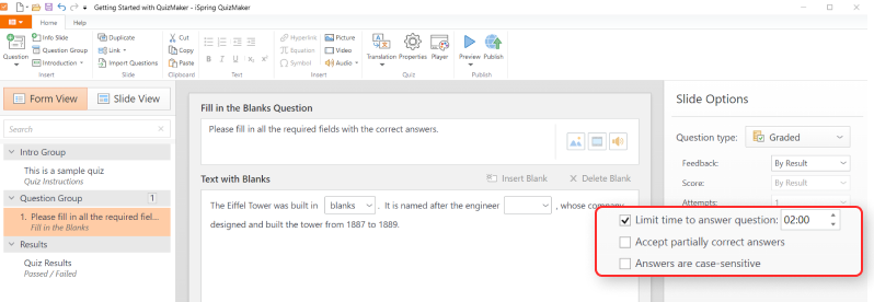 Configuring settings of the Fill in the Blanks questions in iSpring QuizMaker