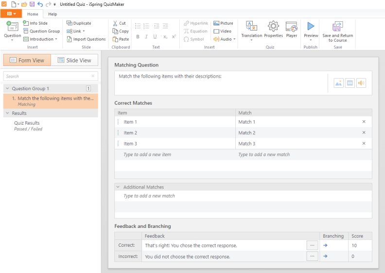 Entering matching quiz content in iSpring QuizMaker