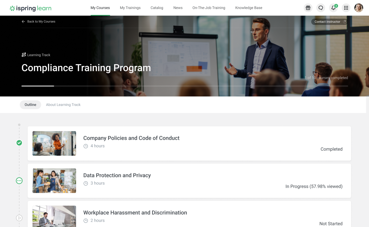 Example of the compliance training program in iSpring Learn