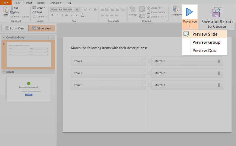 Matching quiz preview in iSpring QuizMaker