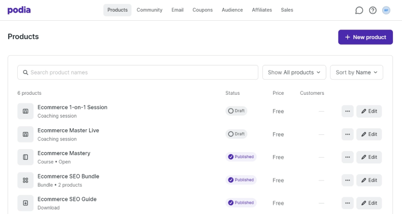 Podia platform interface